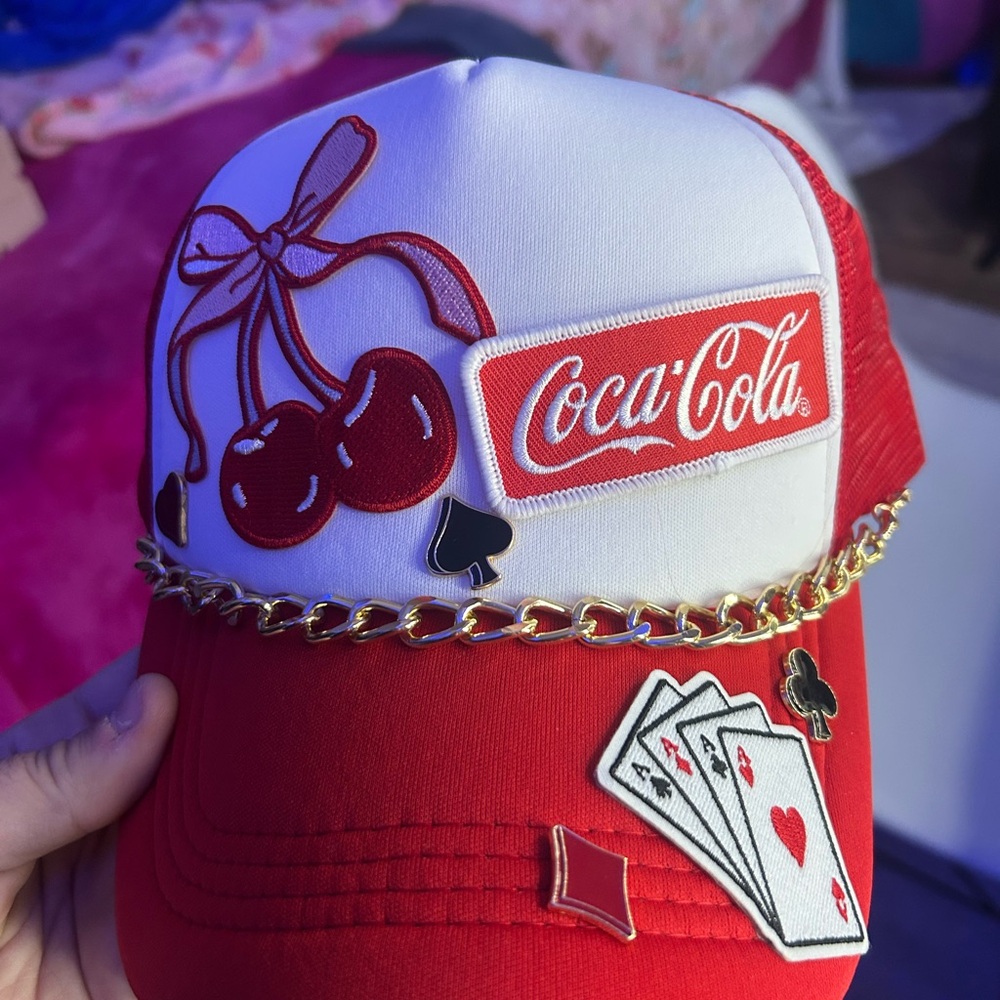 Custom made Coca-Cola Red and White Cap with Cherry and Card Accents NEW